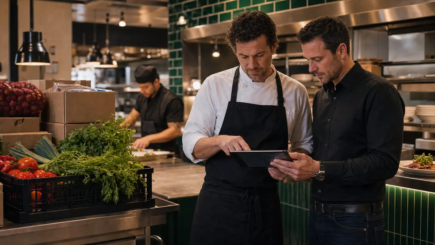 Chef and supplier reviewing an Inntally order together on a tablet in a restaurant kitchen